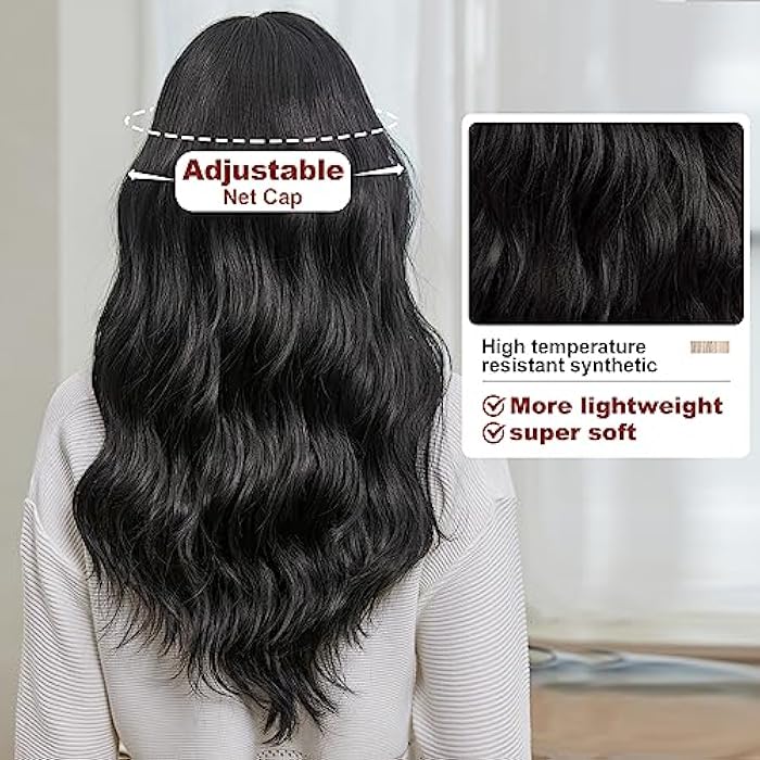 DILLARDS Emmor Long Wavy Wigs With Bangs, Heat Resistant Synthetic Wigs For Daily/Party/Cosplay (24 Inch, Dark Brown) - Image 4